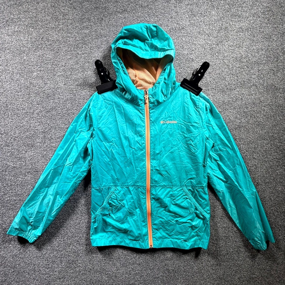 Columbia Windbreaker Jacket Girls Large 14/16 Teal Blue Mesh Lined Hood Full Zip